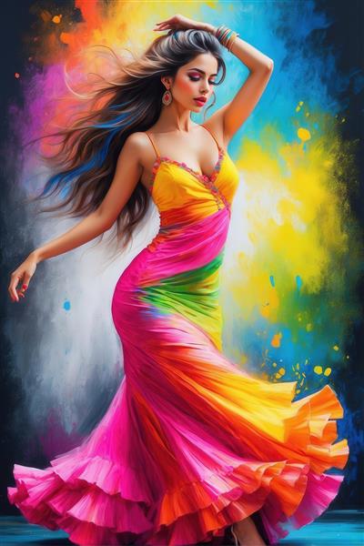 رقصنده زن با لباس پرچین رنگین‌کمانی و موهای پرتحرک (استایل فشن)