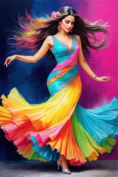 رقصنده زن با لباس مجلسی شیک و دامن پرچین رنگین‌کمانی (اثر هنری)