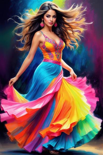 فشن پرتره زن با تاپ گلدوزی‌شده و دامن متحرک رنگین‌کمانی