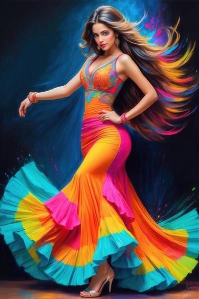 رقصنده فلامنکو با لباس ماکسی نارنجی و دامن آبی/صورتی در حال حرکت