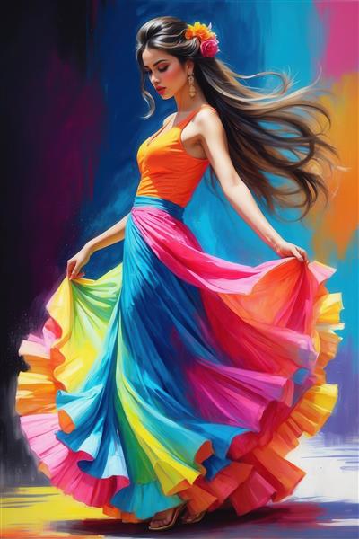 مدل زنانه با لباس نارنجی و دامن چندرنگ در استایل نقاشی آبرنگ