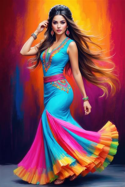 تصویر فشن زن با لباس بلند فیروزه‌ای و دامن پرچین رنگین‌کمان