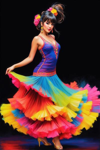 رقصنده فلامنکو با دامن چندلایه و رنگ‌های زنده در پس‌زمینه تیره