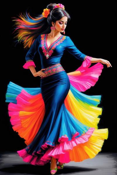 طراحی فشن زن با پیراهن آستین بلند و دامن چندلایه رنگارنگ