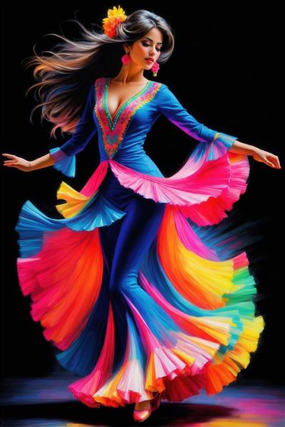 پرتره زن در لباس بلند آبی با دامن پلیسه رنگین‌کمانی (مناسب پوستر)