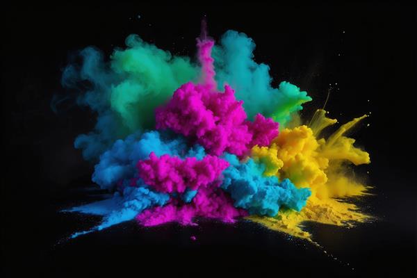 ترکیب رنگ‌های پودری فیروزه‌ای، صورتی و زرد و بنفش در فضای تیره