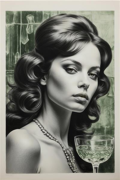 طراحی پرتره مدل زن با لیوان شامپاین در تم سبز تیره (مناسب چاپ)