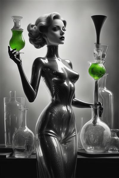 زن با لباس براق آزمایشگاهی در حال نگه‌داشتن معجون سبز (تصویر نوار)