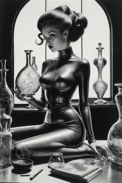 فشن شوتر مدل زن با لباس چرم در پس‌زمینه پنجره (استایل گوتیک)