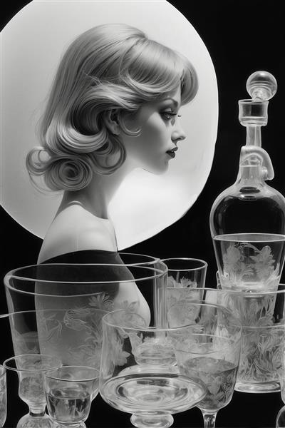 پروفایل زنانه با موهای بلوند و بطری‌های کریستالی روی میز