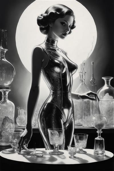 مدل زنانه با لباس چرم براق در آزمایشگاه (استایل نئونوآر)