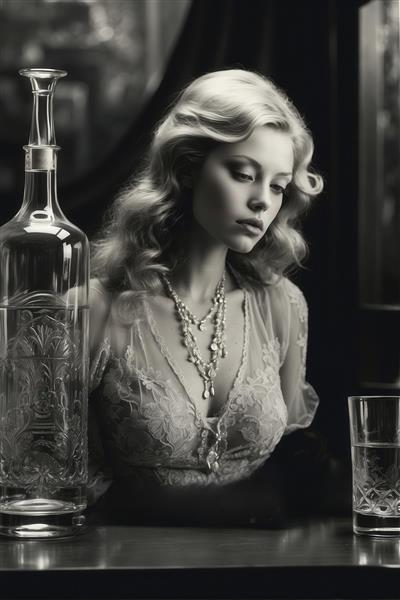 پرتره سیاه و سفید زن بلوند در لباس گیپور با جواهرات و دکانتر کریستالی