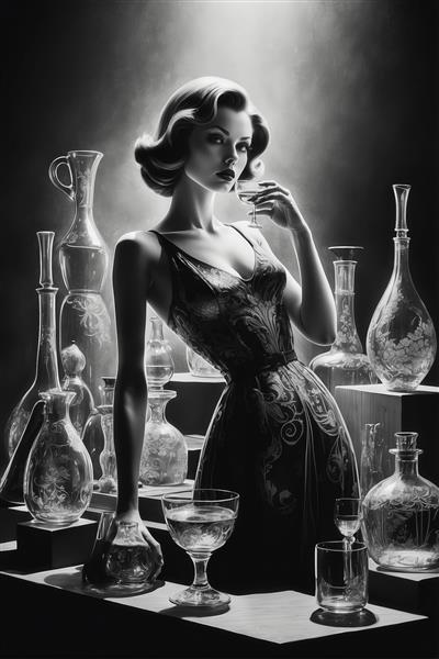 تصویر تمام‌قد زن با لباس شب و کلکسیون بطری‌های شیشه‌ای حکاکی شده