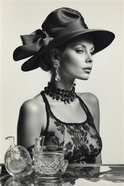 تصویر زن با کلاه لبه‌دار، لباس توری و جواهرات تیره (سبک دهه ۴۰ و ۵۰)