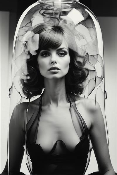 پرتره زن در زیر محفظه شیشه‌ای با گل‌های دکوراتیو (مفهومی و هنری)