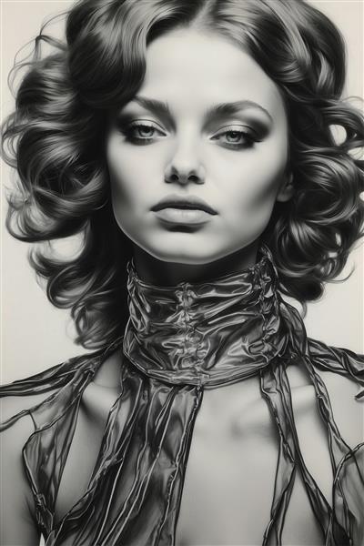 پرتره کلوزآپ زن با موهای فر و یقه حریر/نایلونی (سبک مد فشن)