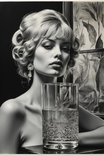 تصویر مدل موی کلاسیک زن در حال تکیه به لیوان کریستالی، مناسب چاپ دکوراتیو