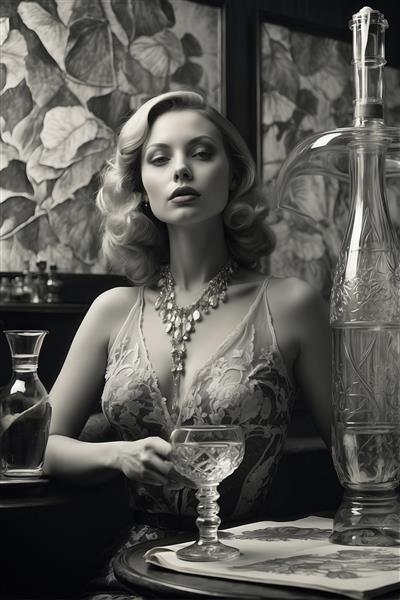 عکس هنری زن با لباس شب و جواهرات گران‌بها در کافه یا سالن پذیرایی