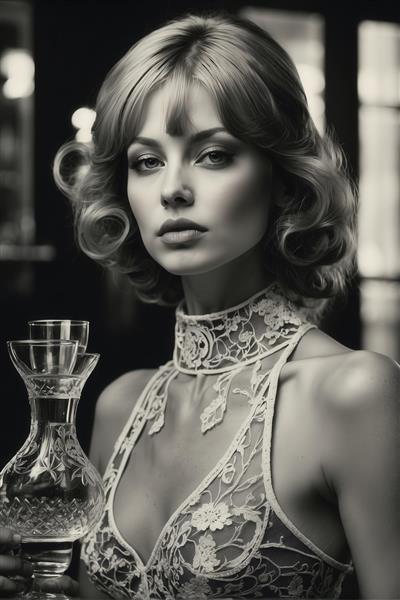 پرتره سیاه و سفید زن با مدل موی کلاسیک و یقه گیپوری، مناسب طرح‌های شیک