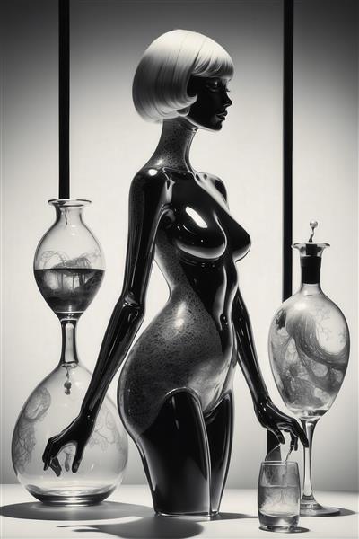 تصویر هنری تک‌رنگ مدل مانکن شیشه‌ای با فرم زنانه و بطری‌های دکوراتیو