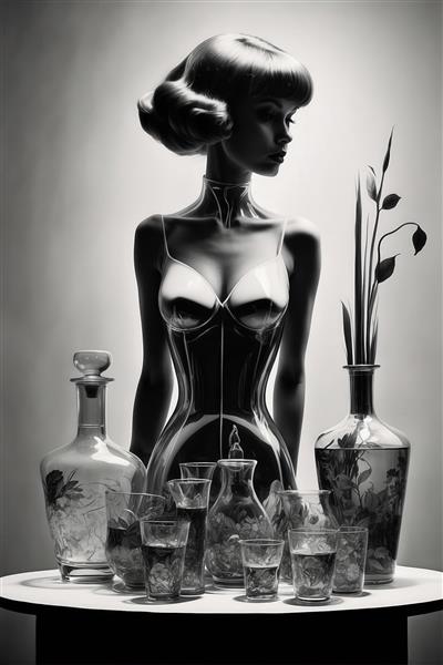 تصویر سیاه و سفید مدل با مدل موی کلاسیک و ظروف شیشه‌ای روی میز (سبک مد)