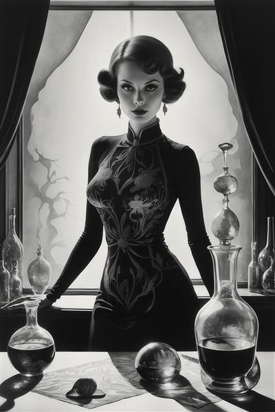 پرتره زن گاتیک/ویکتوریایی در لباس تیره با شیشه‌ها، تک‌رنگ و مناسب چاپ بوم