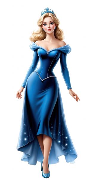 تصویر پرنسس بلوند با لباس مجلسی سرمه‌ای و دنباله‌دار برای چاپ تابلو شیک
