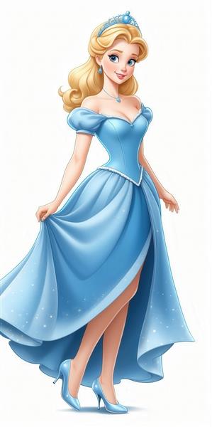 تصویر فانتزی پرنسس بلوند با دامن بلند آبی و کفش پاشنه بلند، مناسب پوستر