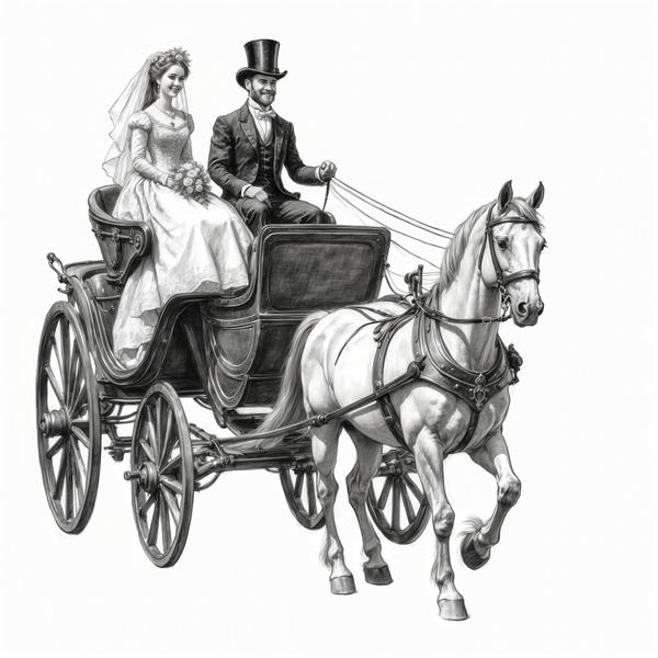 نقاشی با مداد کالسکه قدیمی و عروس و داماد برای چاپ