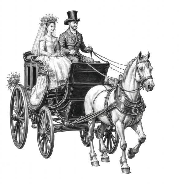 نقاشی با مداد کالسکه قدیمی و عروس و داماد برای طرح‌های دعوت و دکور مراسم