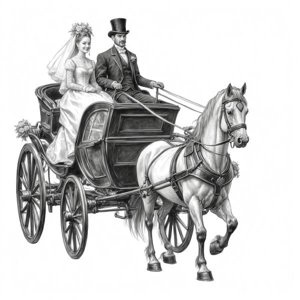 تصویر اسکیس کالسکه عروسی با اسب سفید، مناسب چاپ روی بوم و محصولات هنری