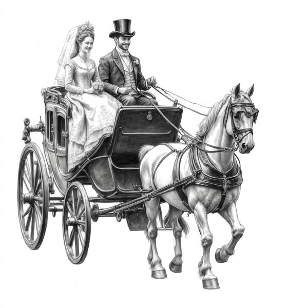 طرح سیاه و سفید کالسکه سلطنتی عروس و داماد (وینتیج) برای چاپ تابلو کلاسیک