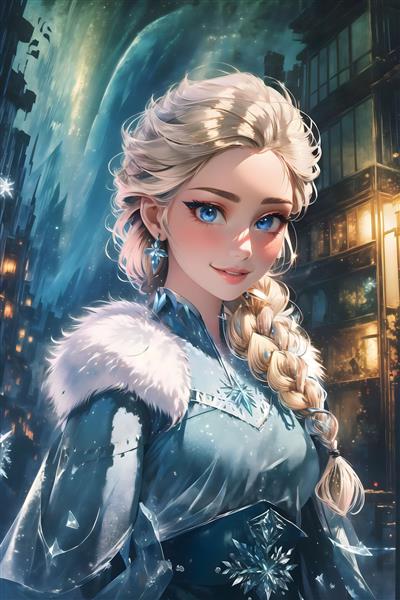 تصویر فانتزی السا با پالتو خزدار در فضای شهری، با تمرکز بر چهره و نور