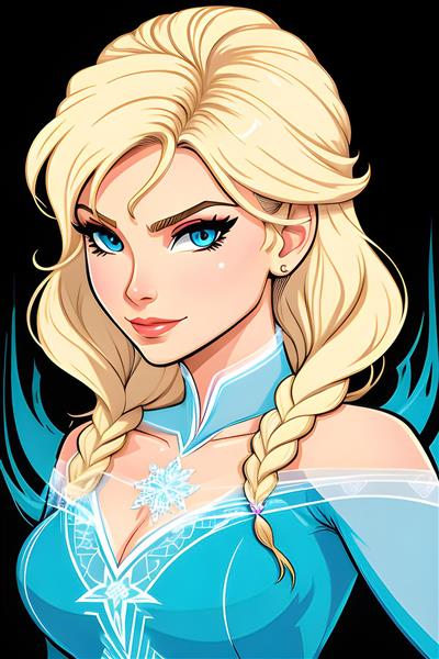 پرتره کلوزآپ السا با بافت موی گیسو و پس‌زمینه تیره، مناسب تابلوهای مدرن