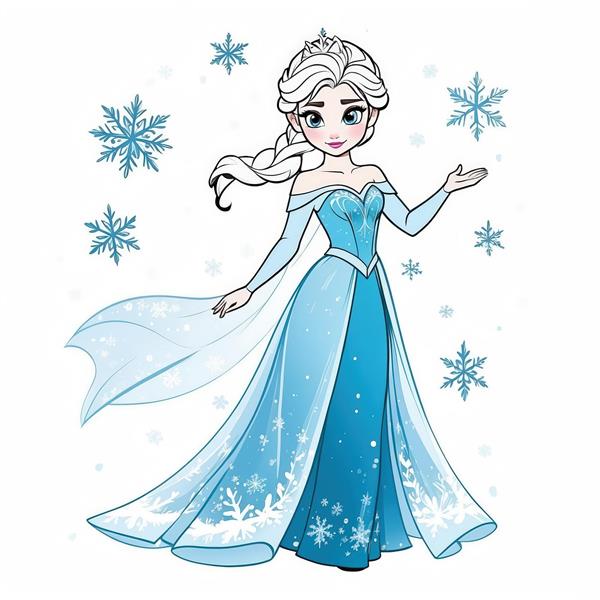 تصویر گرافیکی کامل السا با لباس آبی و دانه‌های برف معلق برای استیکر و پوستر کودک