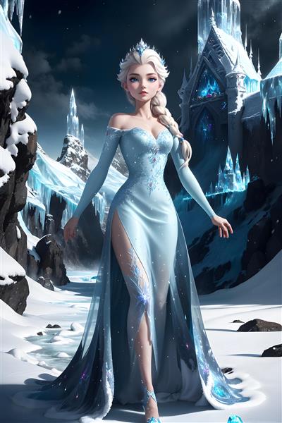 تصویر باکیفیت السا در حال قدم زدن مقابل قصر یخی، مناسب چاپ عریض