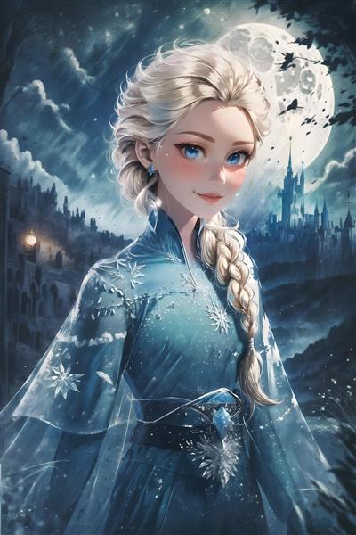 پرتره السا در شب برفی با ماه و شهر قدیمی برای طراحی و چاپ فانتزی