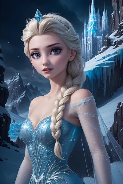 پرتره کلوزآپ السا با تاج و پس‌زمینه قصر یخی