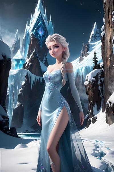 تصویر پرتره السا در مناظر برفی و قصر یخی انیمیشن فروزن برای چاپ