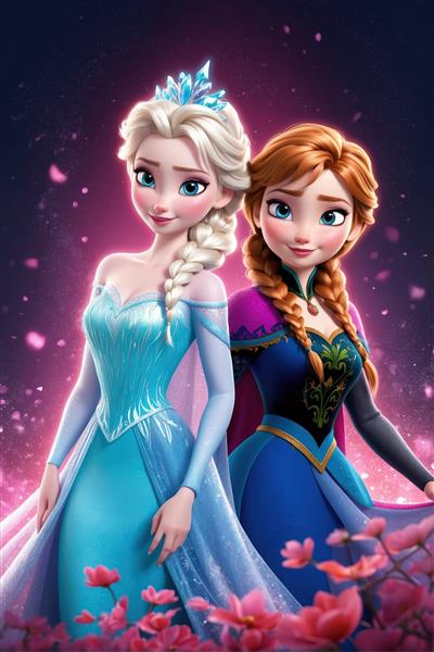 تابلوی السا و آنا از فروزن با لباس مجلسی آبی و صورتی و پس‌زمینه گل‌دار