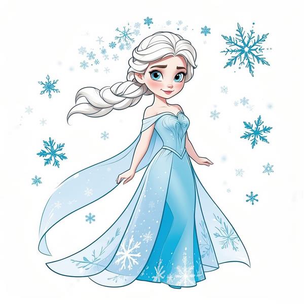 تصویر السا با موی بافته شده بلند، لباس آبی فیروزه‌ای و ژست خجالتی در میان برف‌ها