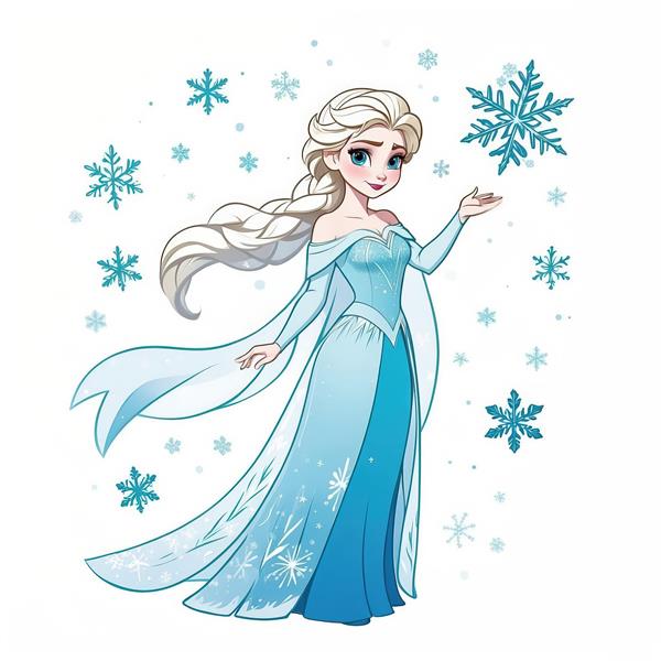 پوستر السا با موی بافته شده و لباس آبی، در حال پرتاب دانه‌های برف در پس‌زمینه سفید