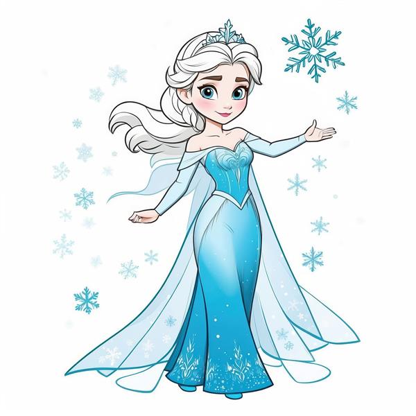 تابلوی السا با تاج و موهای باز، با ژست نمایشی و دانه‌های برف بزرگ در پس‌زمینه سفید