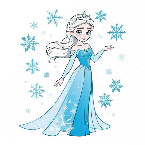 عکس تمام قد السا با تاج و لباس بلند آبی، احاطه شده توسط دانه‌های برف، پس‌زمینه سفید