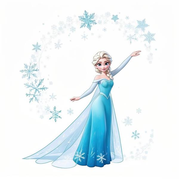 پوستر السا با لباس آبی و ژست جادویی، احاطه شده با دانه‌های برف و ستاره‌های یخی