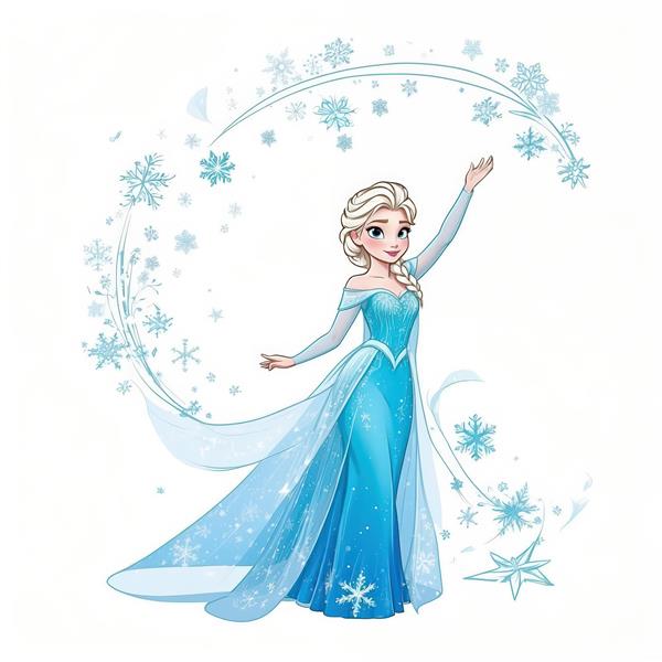 عکس چاپ عریض السا با لباس آبی فیروزه‌ای، در حال ایجاد قوس برف و یخ در پس‌زمینه سفید