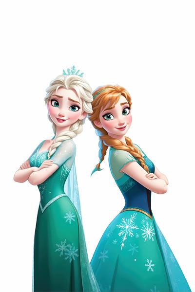 تابلوی عمودی السا و آنا پشت به پشت با دست‌های بسته، لباس سبز و آبی و پس‌زمینه کاملاً سفید