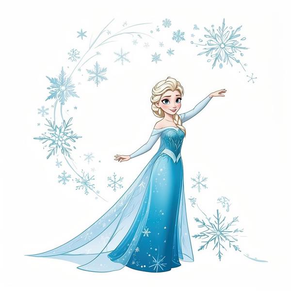 تصویر باکیفیت السا در حال پرتاب برف و یخ با لباس آبی درخشان و پس‌زمینه سفید