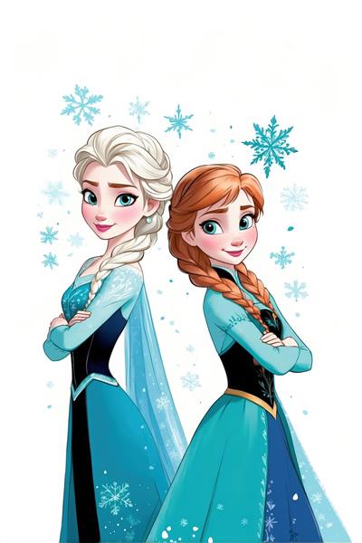 پوستر عمودی السا و آنا پشت به پشت با دست‌های بسته، لباس‌های آبی و زمینه سفید برفی