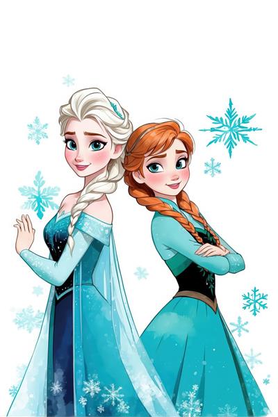 پوستر عمودی السا و آنا پشت به پشت با لباس آبی فیروزه‌ای و پس‌زمینه سفید برفی و دانه‌های برف آبی